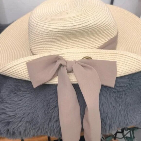 Nine West OS Straw Sun Hat with Mauve/Brow Brim Tie & Bow Pull Up No Callouts!! - Picture 1 of 6